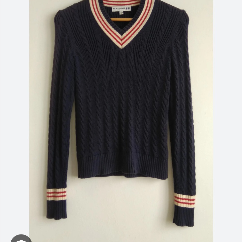 Classic Navy V-Neck Sweater with Red Stripes